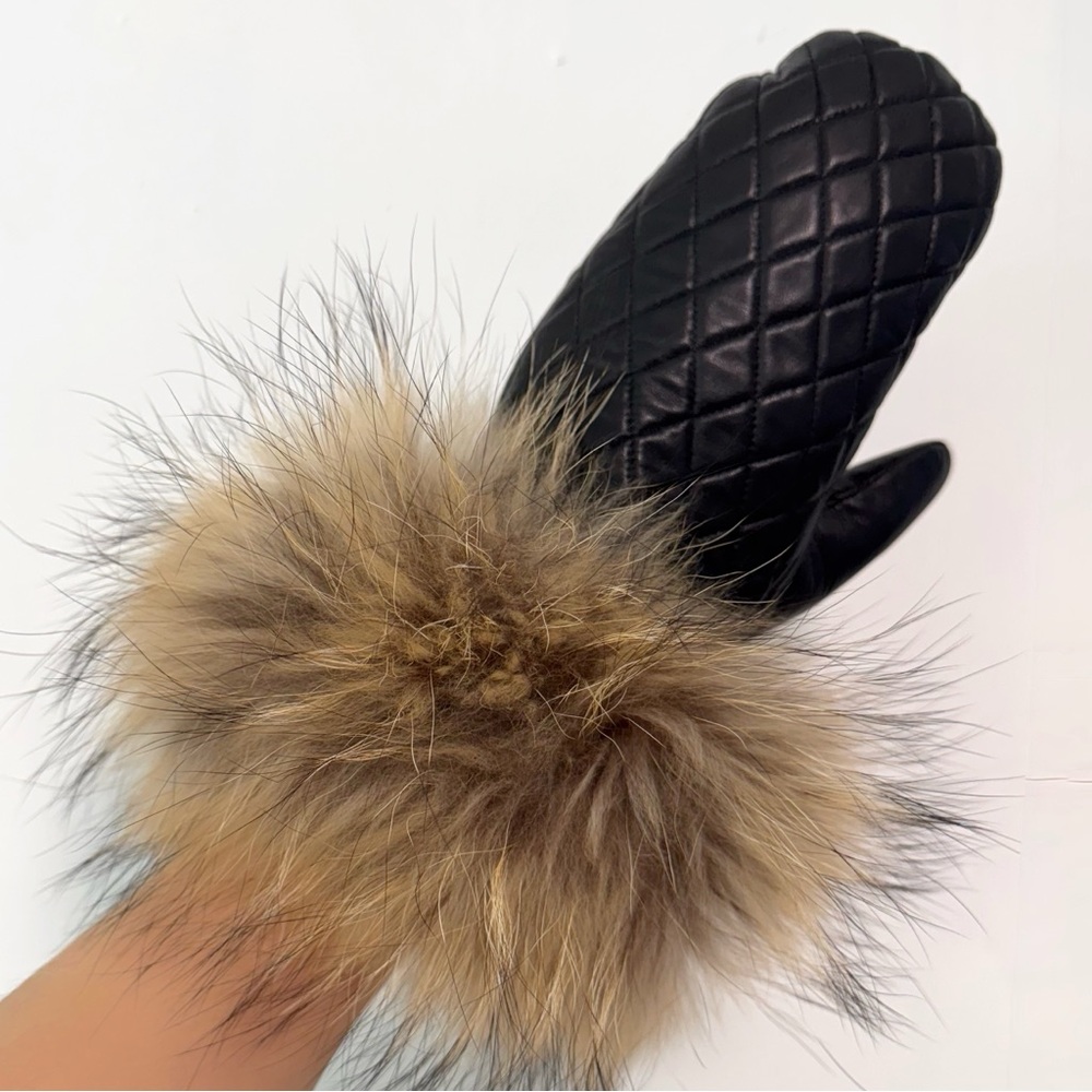 Genuine Leather Quilted Raccoon Fur Trim Natural Fur-Trimmed Gloves Mittens